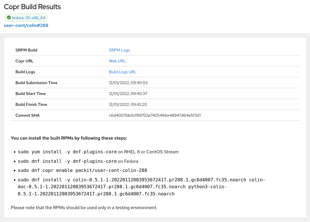 Dashboard: Copr Build result