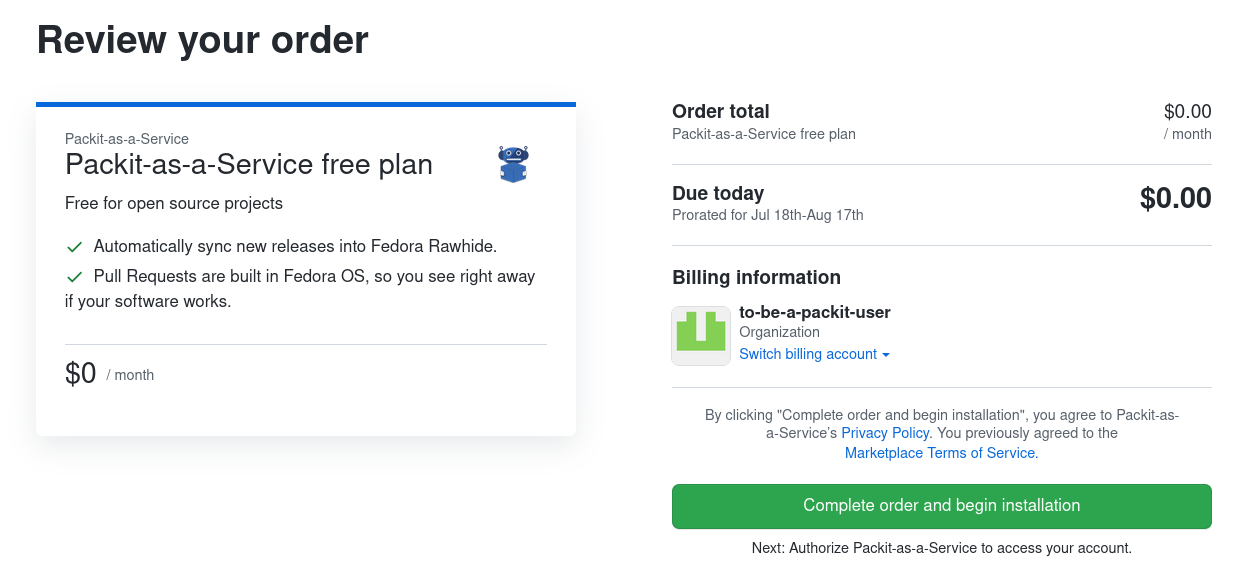 Packit GitHub application: Order